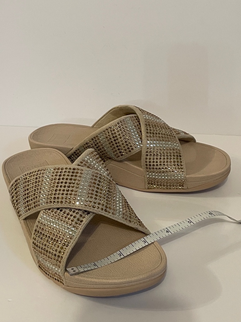 FitFlop Gold Tone “Lulu” Crystal Mix Metallic Criss-Cross Slides - Picture 16 of 16